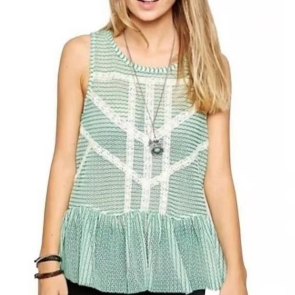 Free People Tops - Free People Semi Sheer Crochet Turquoise Ivory Cut Out Peplum Boho Top M